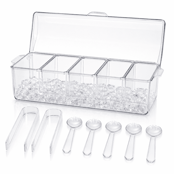 Condiment Tray with Lid, Chilled Condiment Server with Ice Base, 5 Removable Bins, 2 Tongs and 5 Mini Spoons, Clear Condiment Organizer for Taco Bar, Salad Bar, Fruit, Snack and Party Serving