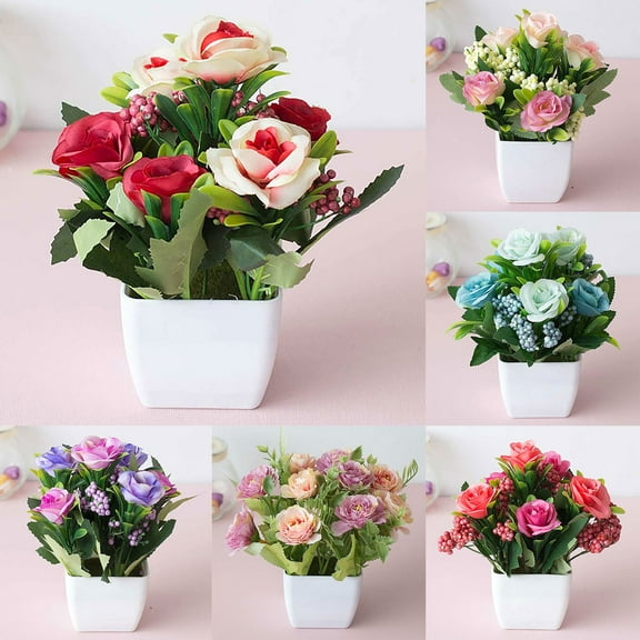 Conditiclusy Mini Artificial Potted Flowers, Fake Silk Camellia Flowers Plants in White Plastic Pots for Office Desktop Home Wedding Party Decoration