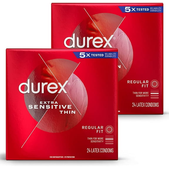 Condoms, Durex Extra Sensitive & Extra Lubricated Condoms, 24 Count (Pack of 2), Ultra Fine, Natural Latex Condoms, FSA & HSA Eligible (Packaging May Vary)