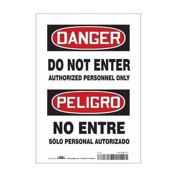 Safety Sign, 10 in Height, 7 in Width, Vinyl, Horizontal Rectangle, English, Spanish, 472N17
