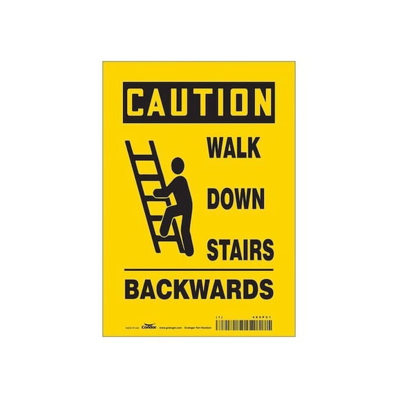 Caution, WALK DOWN STAIRS BACKWARDS, 7 in W x 10 in H, Horizontal Rectangle, Vinyl, 485P91