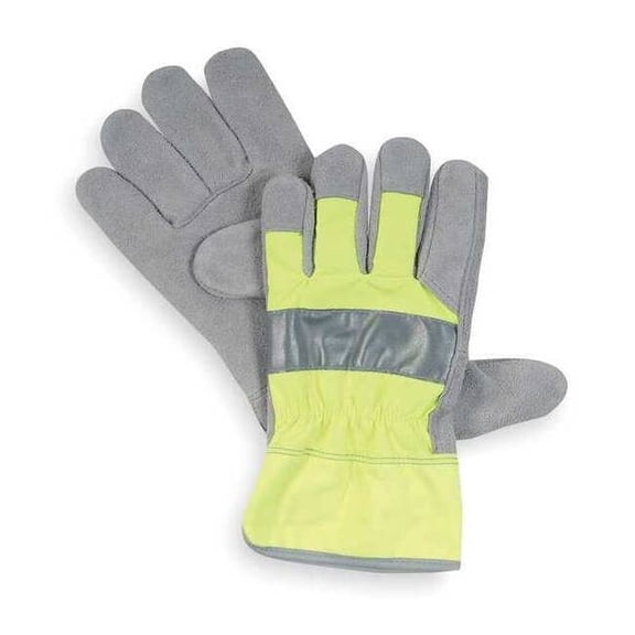 Leather Gloves, Cowhide, Safety Cuff, Wing Thumb, Full Finger, High-Visibility Green, M, 1 PR