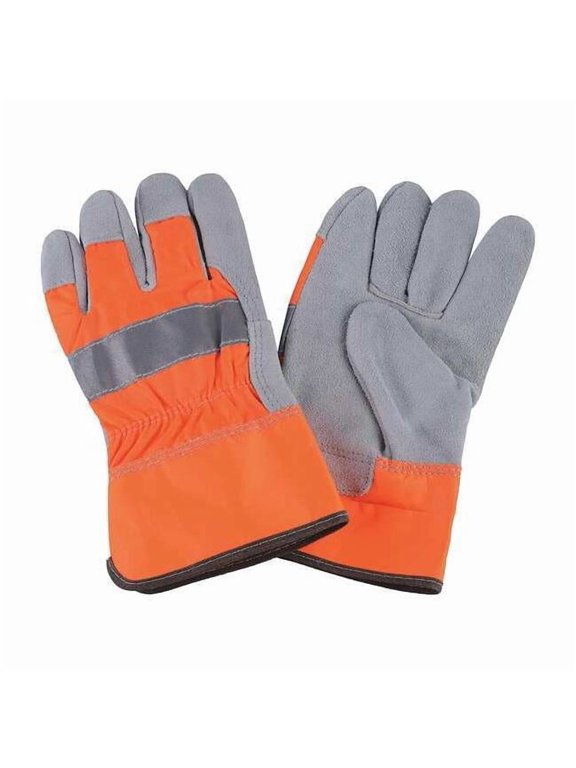 Leather Gloves, Cowhide, Safety Cuff, Wing Thumb, Full Finger, High-Visibility Orange, XL, 1 PR