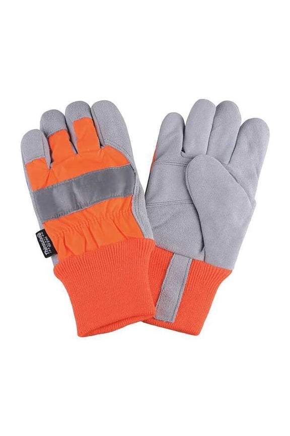 Leather Gloves, Cowhide, Knit Cuff, Wing Thumb, Full Finger, Orange, L, 1 PR 4NHF6