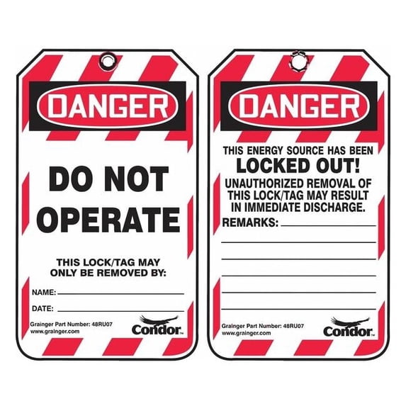 Lockout Tag, Danger, Plastic, 3 1/4 in Width, 5 3/4 in Height, Write On Surface: Yes ,10 PK