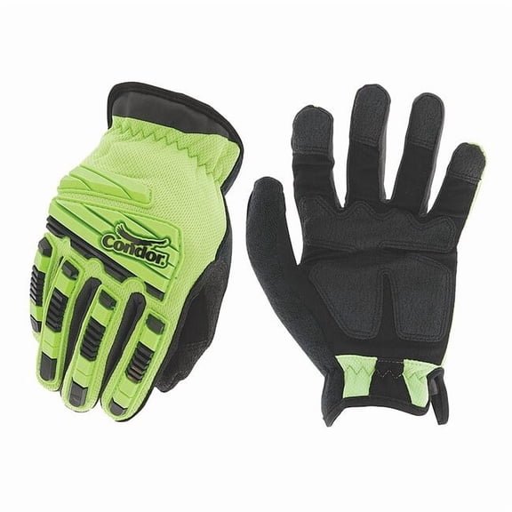 Hi-Vis Mechanics Impact Gloves, Cotton Palm, Polyester Back, 8, High-Visibility Green