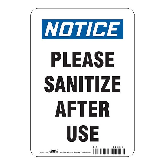 Condor Please Sanitize After Use Sign,10" H,7"W HWN836A1007