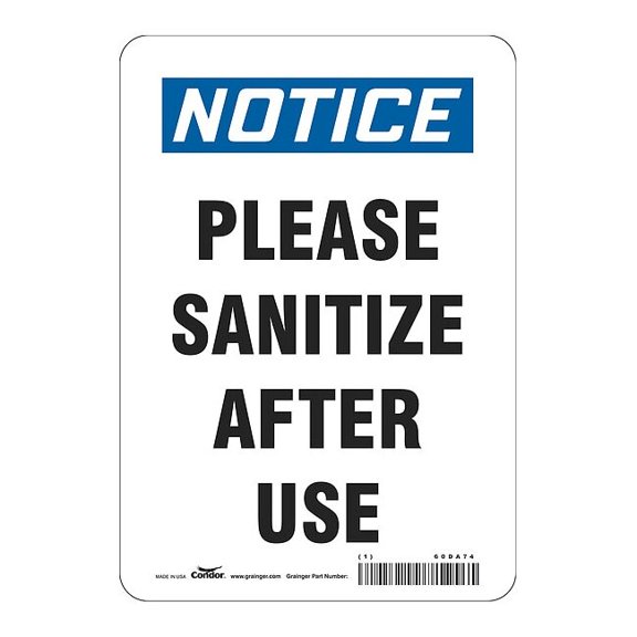 Please Sanitize After Use Sign, 7" W x 10" H, English, Polystyrene, White