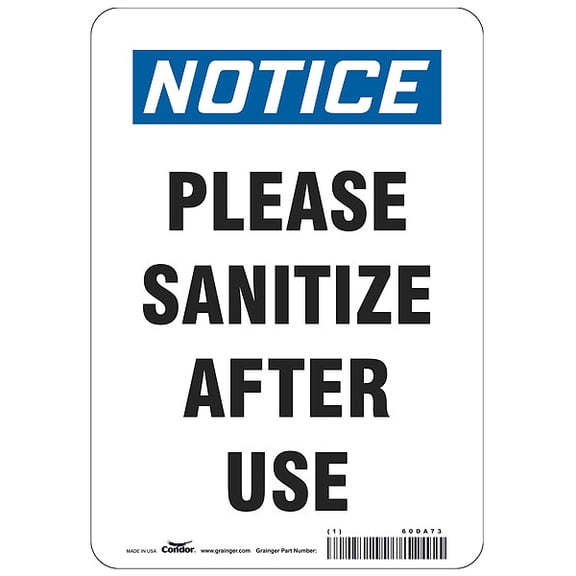 Condor Please Sanitize After Use Sign,10" H,7"W HWN836T1007