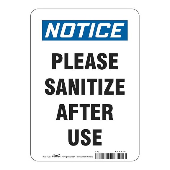 Condor Please Sanitize After Use Sign,14"H,10"W HWN836A1410