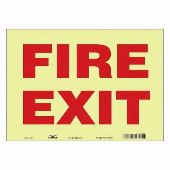 Safety Sign Emergency Exit, Glow Vinyl, 14 in W, 10 in H, FIRE EXIT, White 467W09
