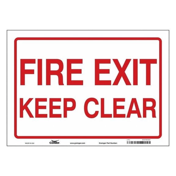 Safety Sign Emergency Exit, Vinyl, 14 in W, 10 in H, FIRE EXIT KEEP CLEAR, White