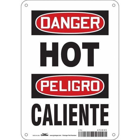Condor Hot Surface Sign, 10 in H x 7 in W, Aluminum, Hot/Caliente 474Z29