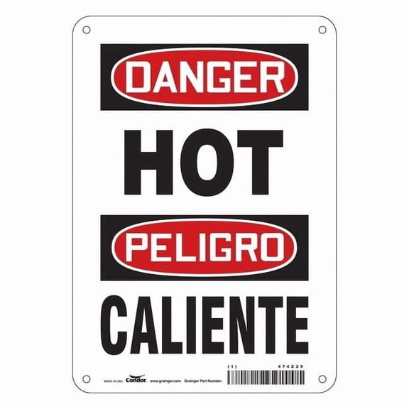 Condor Hot Surface Sign, 10 in H x 7 in W, Aluminum, Hot/Caliente 474Z29
