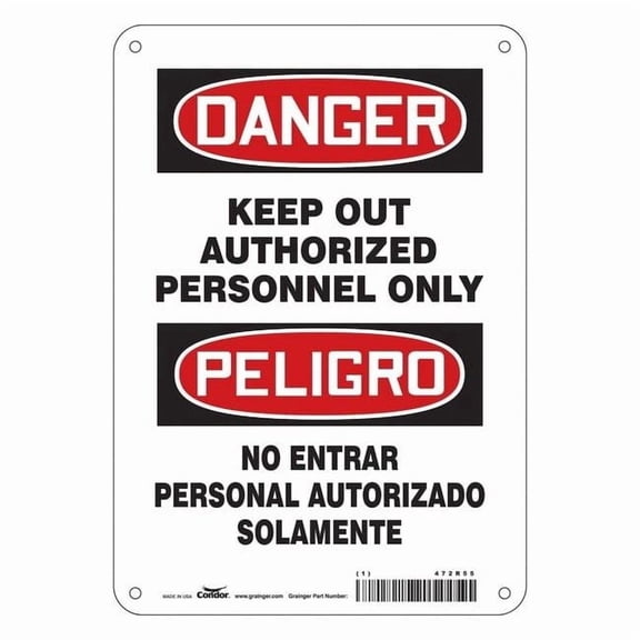 Safety Sign, 10 in H, 7 in W, Polyethylene, Horizontal Rectangle, English, Spanish, 472R55