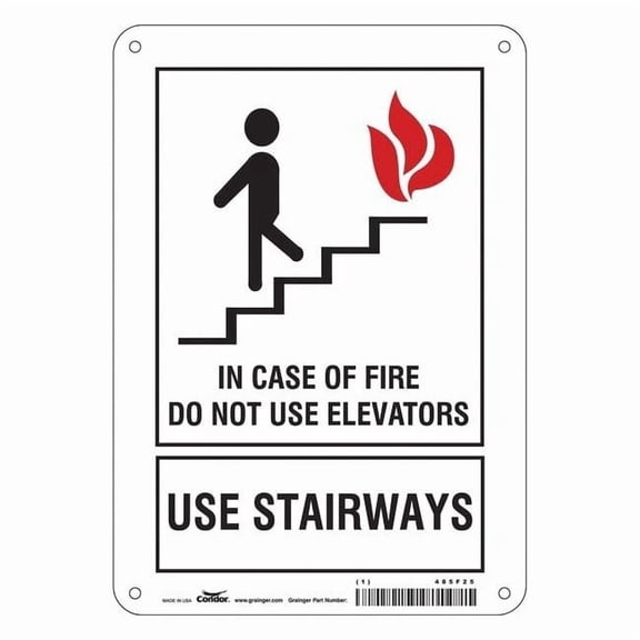 Safety Sign, Polyethylene, 7 in W, 10 in H, IN CASE OF FIRE DO NOT USE ELEVATORS USE STAIRWAYS