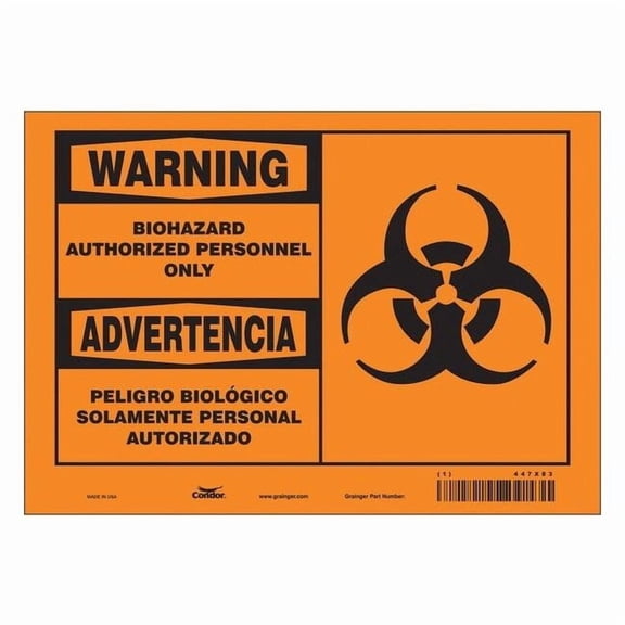 Biohazard Sign, 10 in Height, 7 in Width, Vinyl, Horizontal Rectangle, English, Spanish