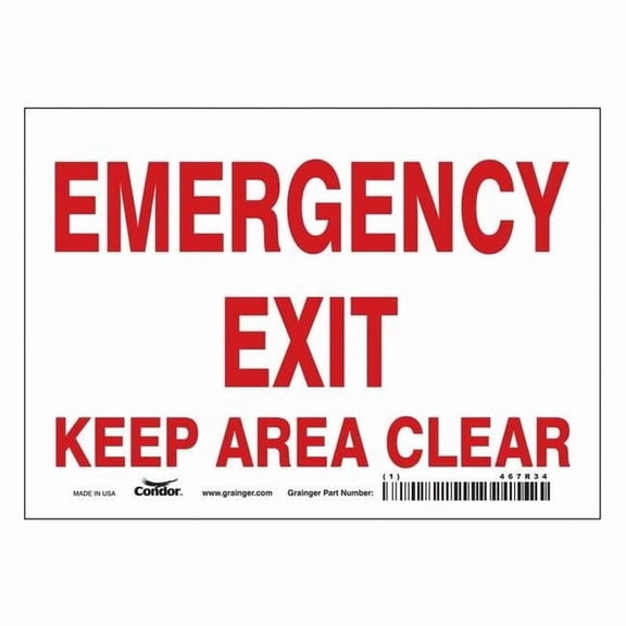 Exit Sign, Vinyl, 7" W, 5" H, Emergency Exit Keep Area Clear, White 467R34