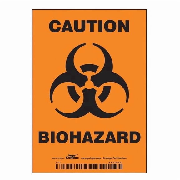 Biohazard Sign, 5 in H, 3 1/2 in W, Vinyl, Vertical Rectangle, English, 447X02 447X02