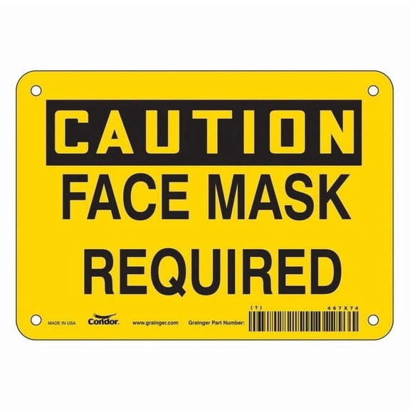 Condor Face Mask Required Sign, 7" W x 5" H, English, Vinyl, Yellow 467X74
