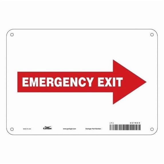 Condor Exit Sign, Aluminum, 10" W, 7" H, EMERGENCY EXIT W/SYMBOL, Red 467R05