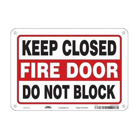 Safety Sign Emergency Exit, Aluminum, 10 in W, 7 in H, KEEP CLOSED FIRE DOOR DO NOT BLOCK