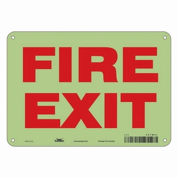 Safety Sign Emergency Exit, Glow Vinyl, 10 in W, 7 in H, FIRE EXIT, White 467W07