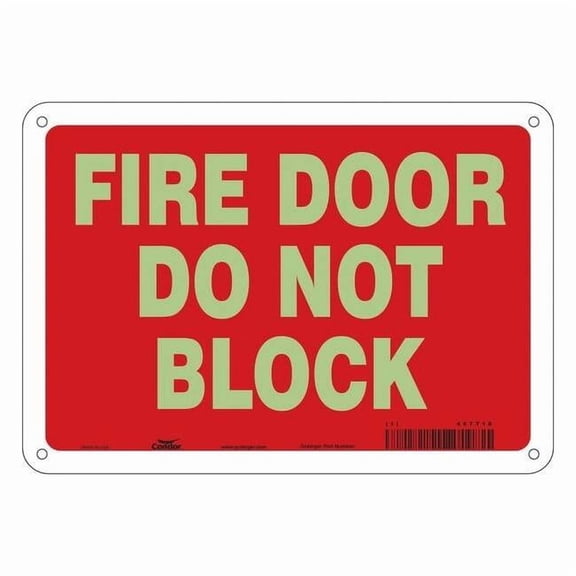 Safety Sign Emergency Exit, Polyethylene, 10 in W, 7 in H, FIRE DOOR DO NOT BLOCK, Red, White