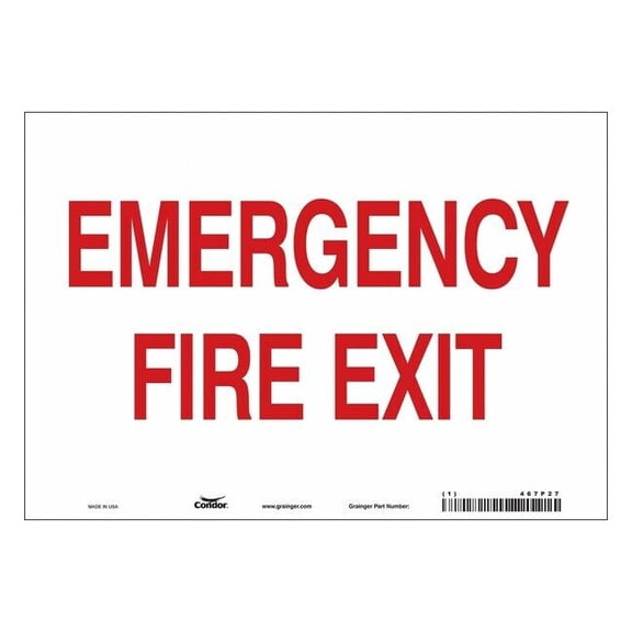 Safety Sign Emergency Exit, Vinyl, 10 in W, 7 in H, EMERGENCY FIRE EXIT, White 467P27