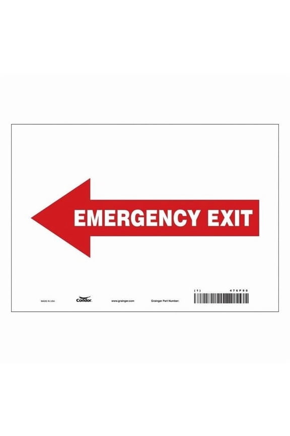 Exit Sign, Vinyl, 10" W, 7" H, EMERGENCY EXIT W/SYMBOL, Red 467P90