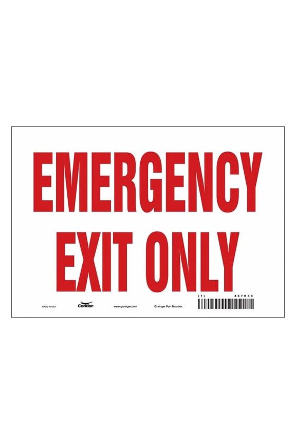 Exit Sign, Vinyl, 10" W, 7" H, Emergency Exit Only, White 467R48