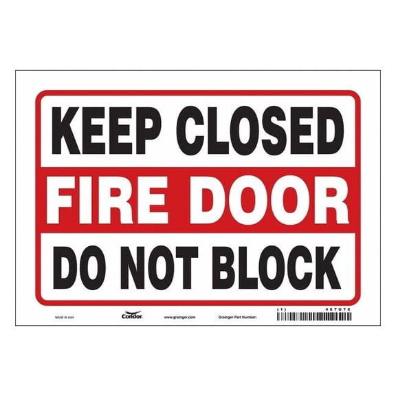 Safety Sign Emergency Exit, Vinyl, 10 in W, 7 in H, KEEP CLOSED FIRE DOOR DO NOT BLOCK, Black, Red