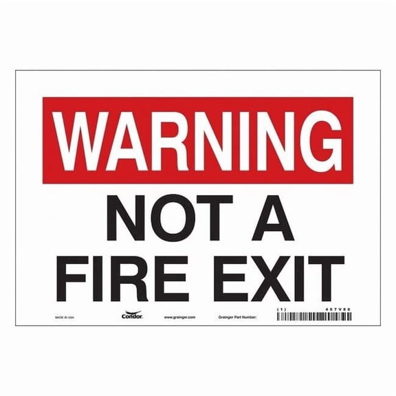 Safety Sign Emergency Exit, Vinyl, 10 in W, 7 in H, WARNING NOT A FIRE EXIT, White 467V86