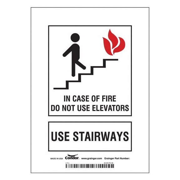 Safety Sign, Vinyl, 5 in W, 7 in H, IN CASE OF FIRE DO NOT USE ELEVATORS USE STAIRWAYS, White