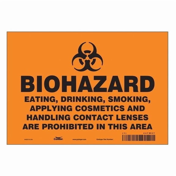 Biohazard Sign, 7 in H, 10 in W, Vinyl, Vertical Rectangle, English, 447W27 447W27