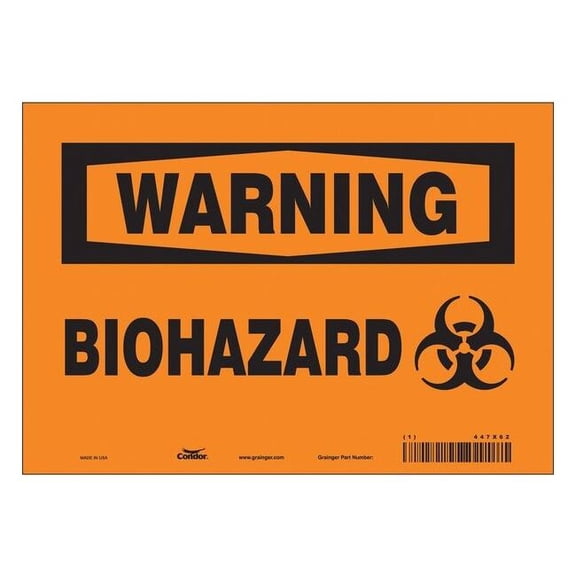 Biohazard Sign, 7 in H, 10 in W, Vinyl, Vertical Rectangle, English, 447X62 447X62