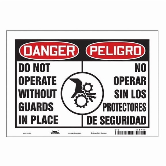 Safety Sign, 7 in Height, 10 in Width, Vinyl, Vertical Rectangle, English, Spanish, 475F98