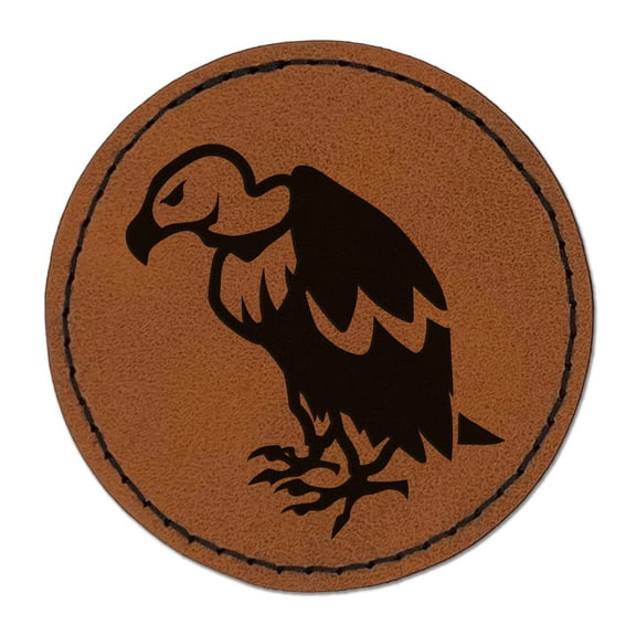 Condor Vulture Bird 2.5" Faux Leather Round Engraved Iron-On Patch - Brown