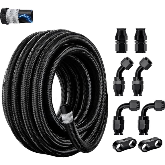 Conductive 10AN PTFE Line Kit, Antistatic E85 Compatible PTFE Hose Kit 10FT, AN10 Nylon Braided Line Hose Black