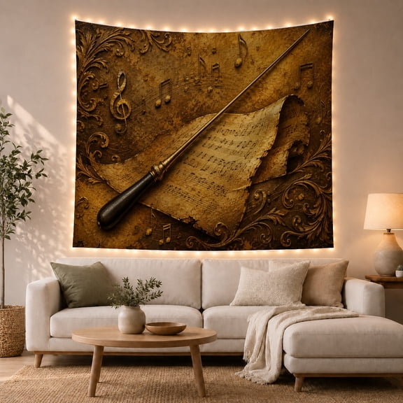 Conductor Baton Across Aged Music Scores, Nostalgic Vintage Style for Orchestra Fans, Orchestral Wall Art, Housewarming Gift, Tapestry Wall Hanging for Studio and Living Room