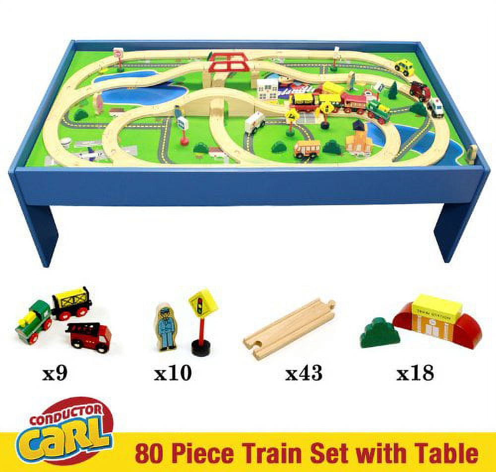 Conductor Carl 80piece Wooden Toy Train Table, Playboard, and Train