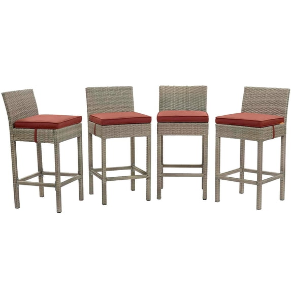 Modway Conduit Patio Wicker Rattan Bar Stool Set of 4 in Light Gray Currant