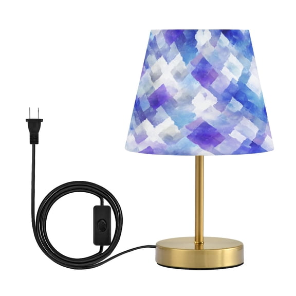 Cone Desk Lamp Antique Bronze Base & Linen Shade Bedside Table Lamp for Bedroom Living Room, Office, Dorm Blue and Purple Rhombus Shapes Medium