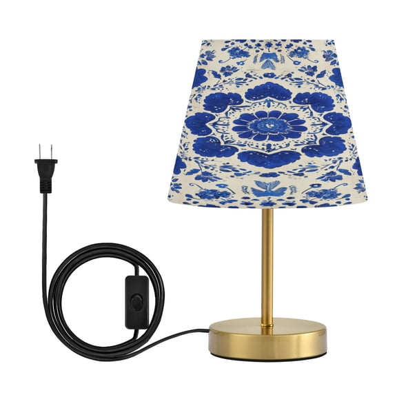 Cone Desk Lamp Antique Bronze Base & Linen Shade Bedside Table Lamp for Bedroom Living Room, Office, Dorm Blue and White Batik Pattern Medium