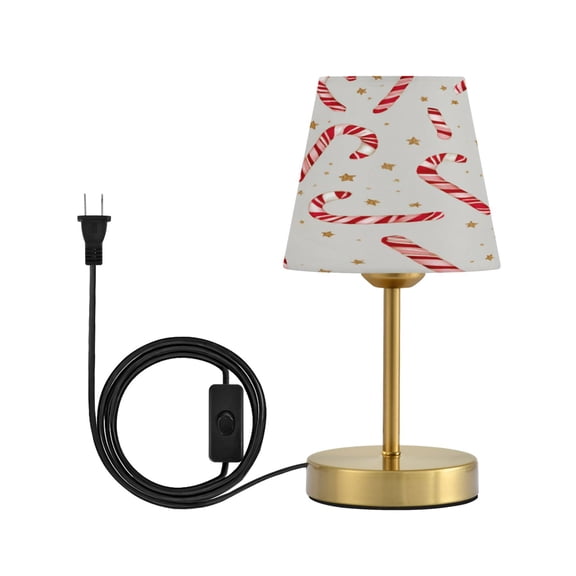 Cone Desk Lamp Antique Bronze Base & Linen Shade Bedside Table Lamp for Bedroom Living Room, Office, Dorm Candy Cane and Gold Stars Small