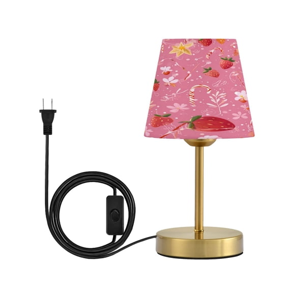 Cone Desk Lamp Antique Bronze Base & Linen Shade Bedside Table Lamp for Bedroom Living Room, Office, Dorm Candy Cane and Strawberry Pattern Small