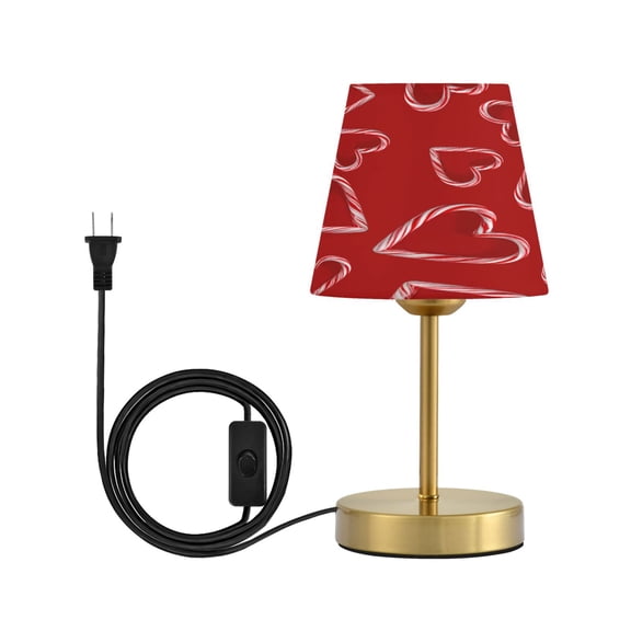 Cone Desk Lamp Antique Bronze Base & Linen Shade Bedside Table Lamp for Bedroom Living Room, Office, Dorm Candy Cane-shaped Hearts Pattern Small