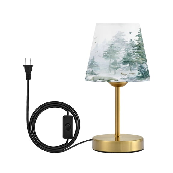 Cone Desk Lamp Antique Bronze Base & Linen Shade Bedside Table Lamp for Bedroom Living Room, Office, Dorm Green Snowy Forest Scene Small