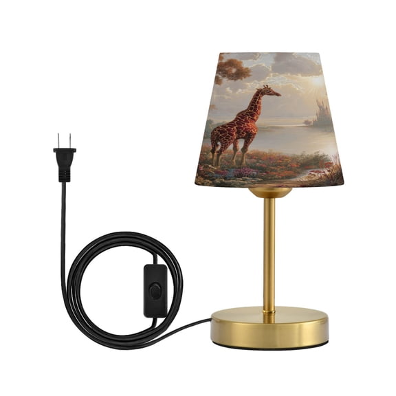 Cone Desk Lamp Antique Bronze Base & Linen Shade Bedside Table Lamp for Bedroom Living Room, Office, Dorm Oil Painting Of Giraffe Small