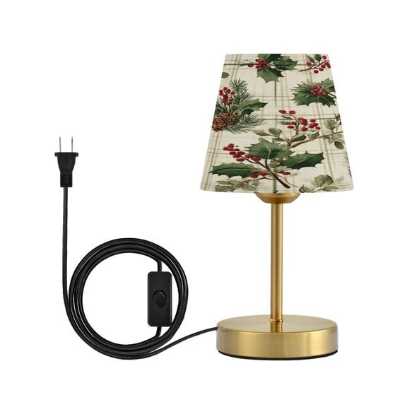Cone Desk Lamp Antique Bronze Base & Linen Shade Bedside Table Lamp for Bedroom Living Room, Office, Dorm Pine Boughs and Holly Pattern Small